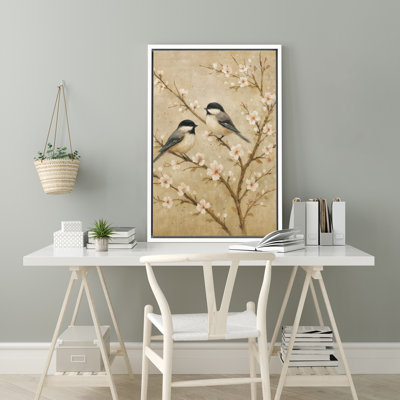 Chickadee Birds on Blooming Branches in Soft Neutral Tones – Pictures Framed Canvas Print Wall Art