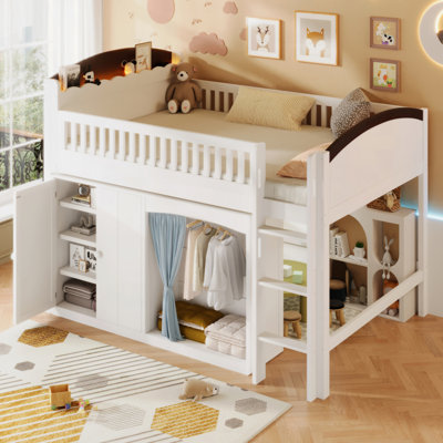 Lit mezzanine avec armoire de rangement, garde-robe et DEL