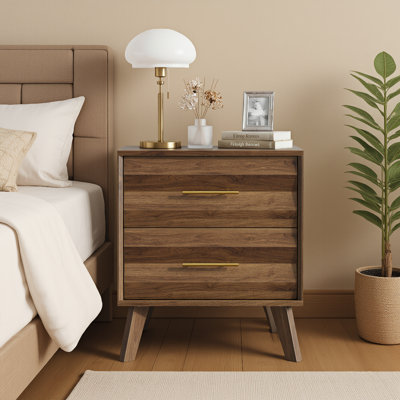 Table de chevet à double tiroir couleur noyer, meuble de rangement de style médiéval pour chambre à coucher moderne