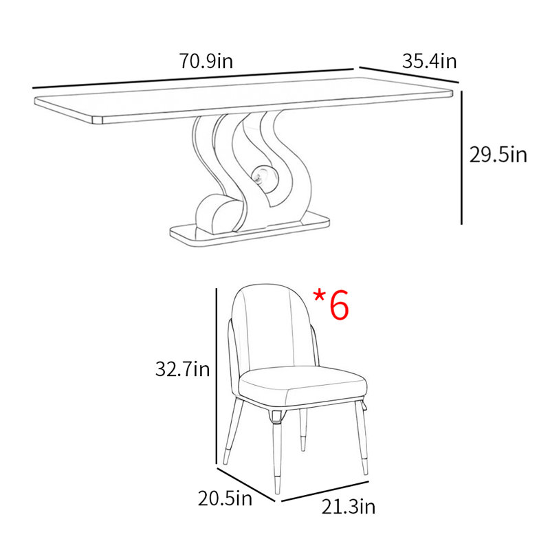 Italian style rectangular home dining table sets, 29.5"H x 70.9"L x 35.4"W