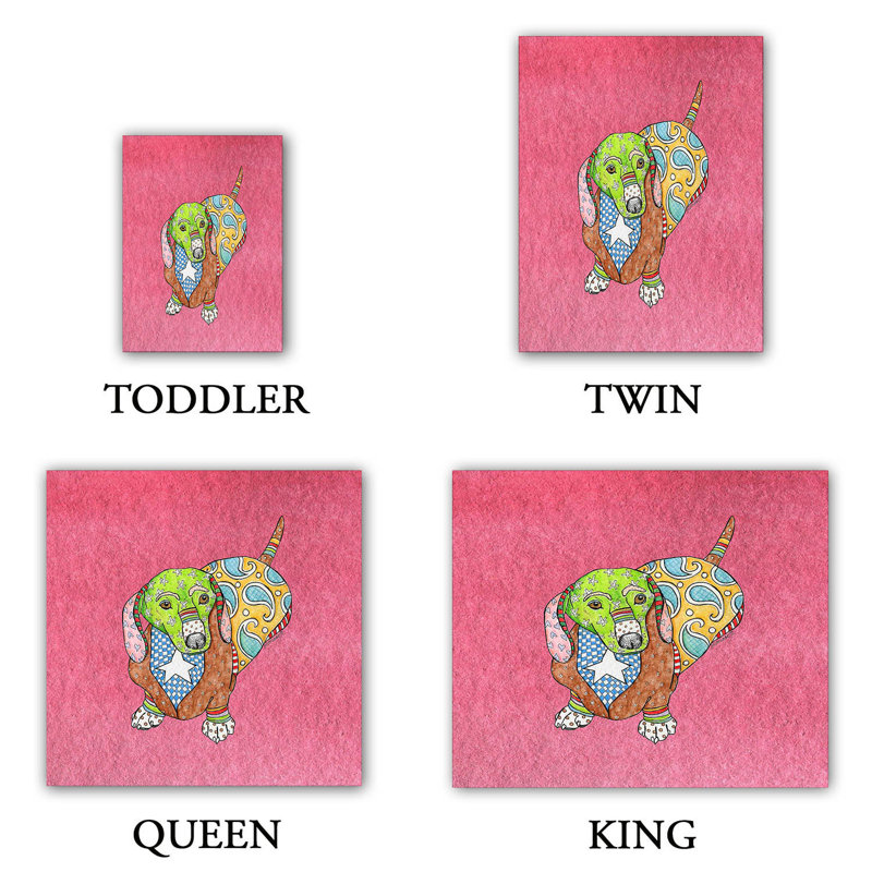 Ensemble de housse de couette teckel dog, 1 housse simple + 1 taie standard, Rouge / Mauve / Bleu