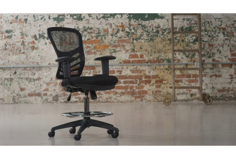 Black Mesh Mid-Back Ergonomic Drafting Chair with Adjustable Arms