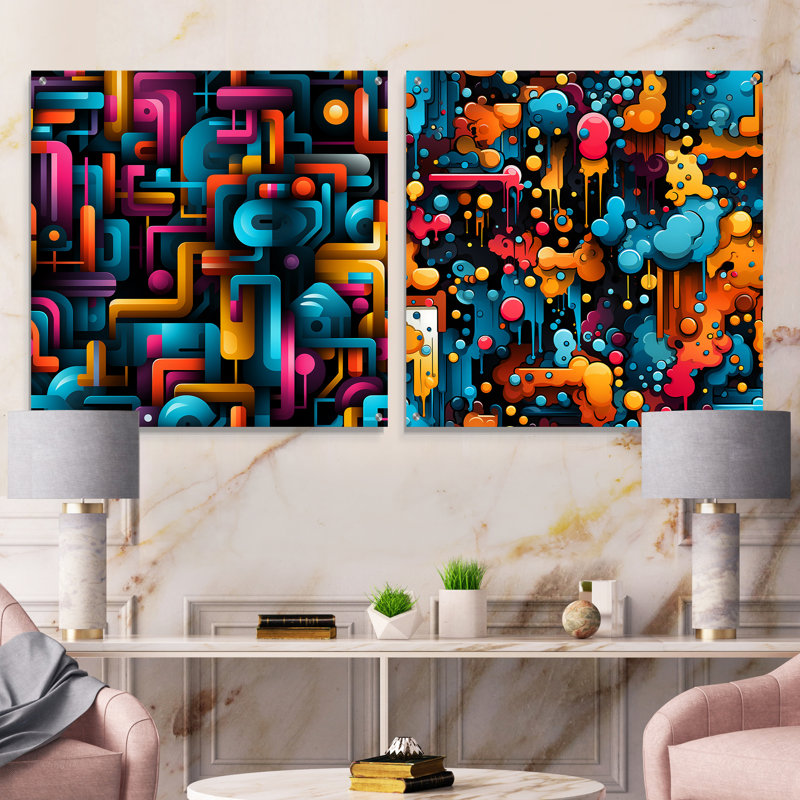 Dahlila - Ensemble de 2 verres muraux abstraits géométriques en acrylique, H 36 po x l 73 po