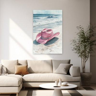 «Seaside Cowgirl - Chapeau de cowboy rose côtier, plage, vagues de l'océan, art