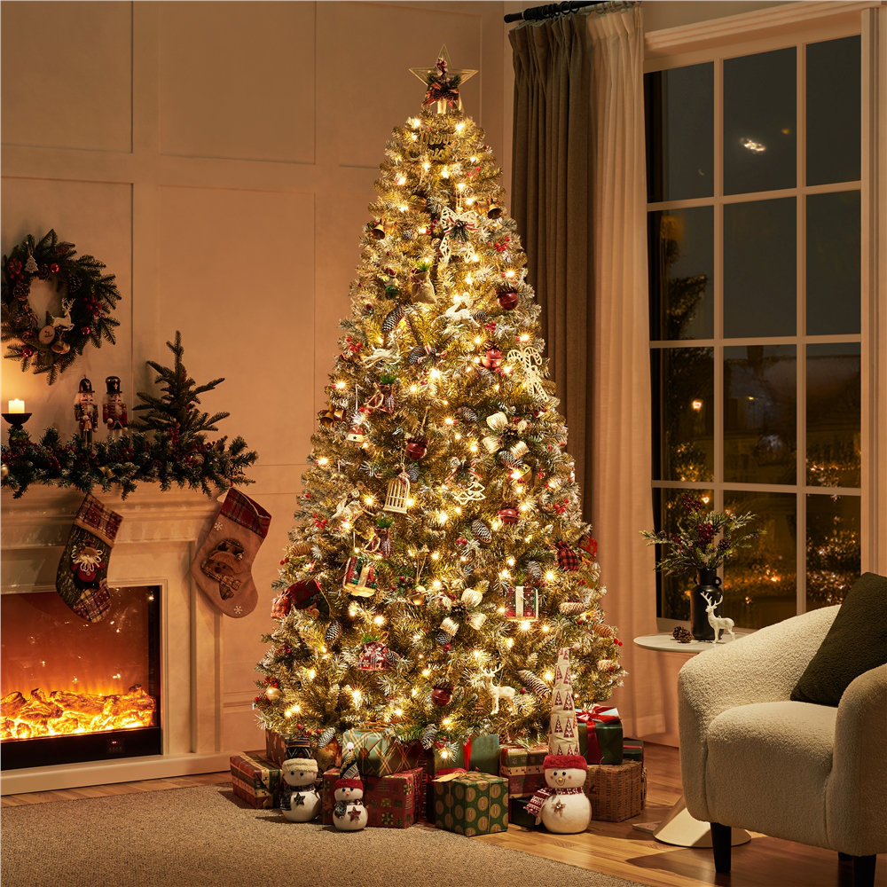 Pre-lit Frosted Artificial Christmas Tree with Pinecones and Warm White Lights The Holiday Aisle® 