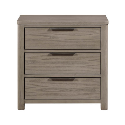 Table de chevet contemporaine au fini gris clair avec 3 tiroirs en queue d'aronde pour le rangement de la chambre à coucher organisée