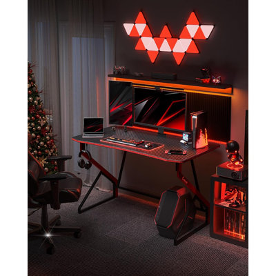  Gaming Desk Z Shaped 47 Inch Gamer Workstation, Home Small Computer Carbon Fiber Surface Gaming Desk Pc Table With Headphone Hook, Dark Black