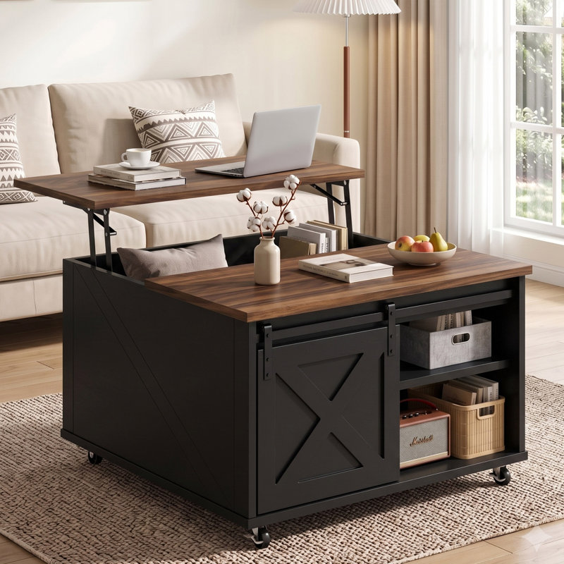 Table basse carrée avec plateau relevable de 31,6 pouces, Noir / brun