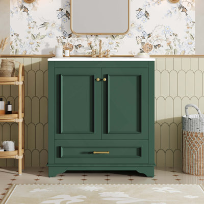 Meuble-lavabo de luxe 30 po avec lavabo en céramique, meuble-lavabo avec 2 grandes portes à fermeture douce, meuble de rangement en bois massif