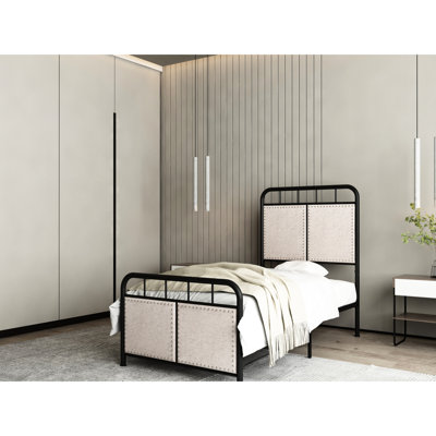 Lit simple tapissier en métal avec tête de lit en tissu et structure moderne, silencieuse, facile à assembler, aucun sommier tapissier nécessaire, s'adapte à tous les types de matelas, convient à plus de 8 pouces, support de poids de 250 lb
