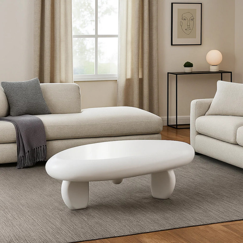 Table basse Vayu, forme galet asymétrique 30 pouces, blanc ultrabrillant