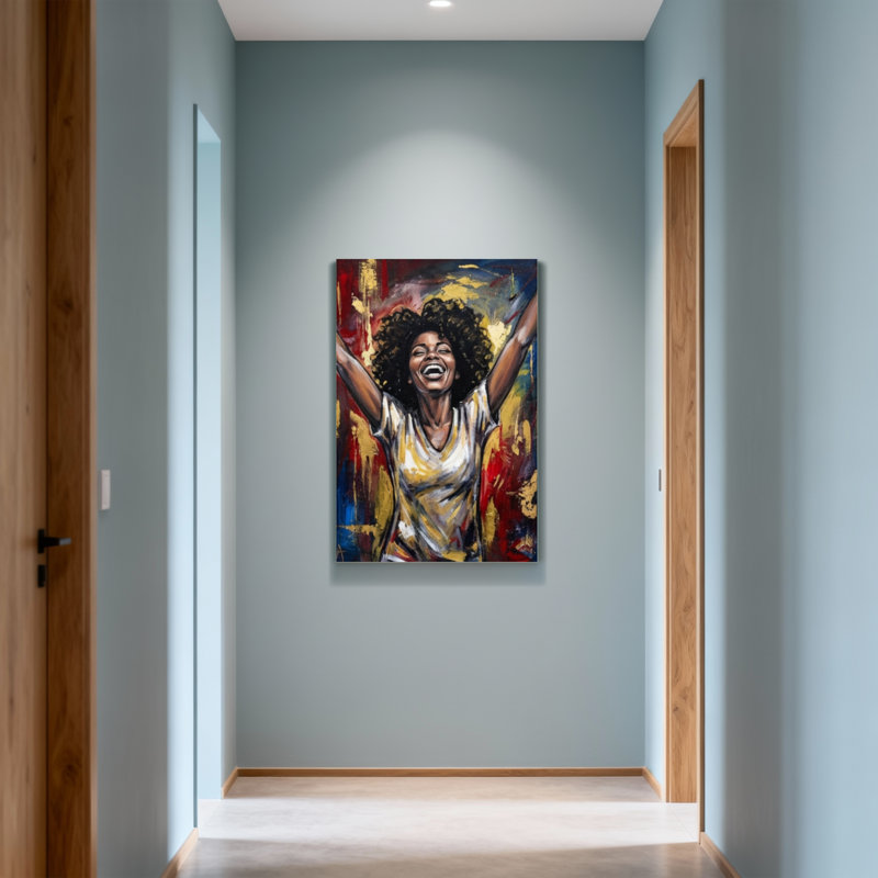 Abstrait femme joyeuse avec les bras levés et un fond vibrant, H 48 po x l 32 po