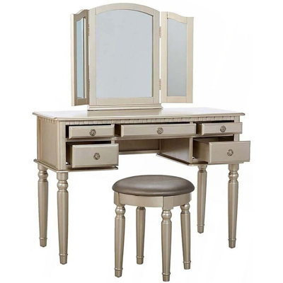 Bedroom Contemporary Vanity Set W Foldable Mirror Stool Drawers