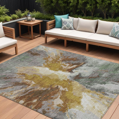 Tapis intérieur lavable abstrait doré et gris 8 pi x 10 pi