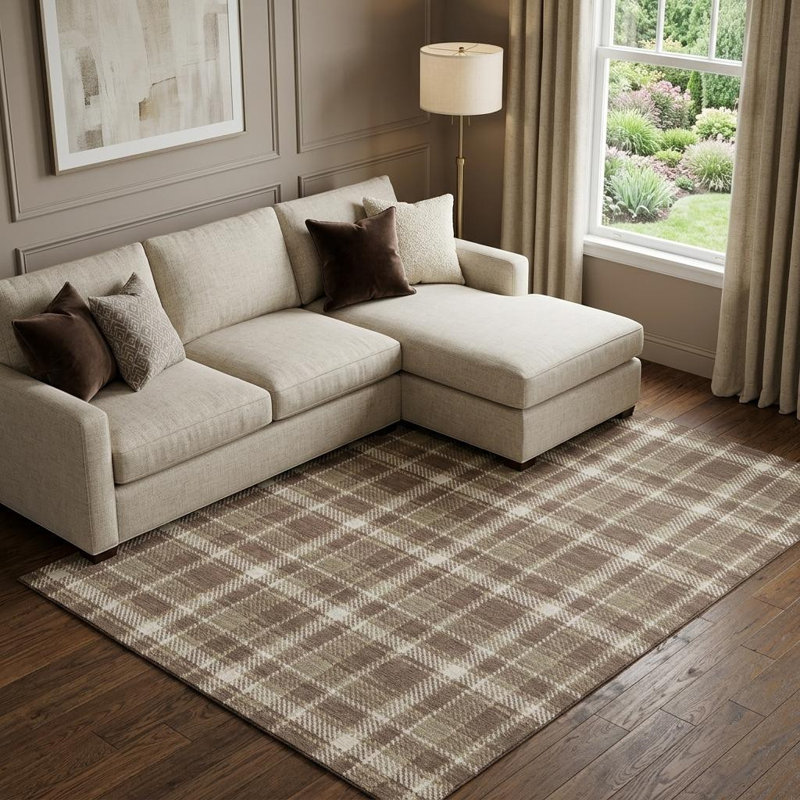Tapis lavable écossais chocolat et ivoire 8 pi x 10 pi avec protection UV