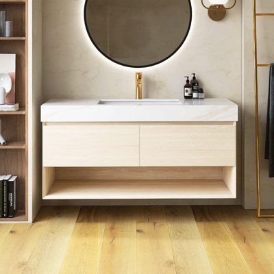 Floating Pre-Assembled Plywood Bathroom Vanity With Calacatta Gold Sintered Stone Top, Ceramic Undermount Basin And Sensor Light, Travertine Texture Finish