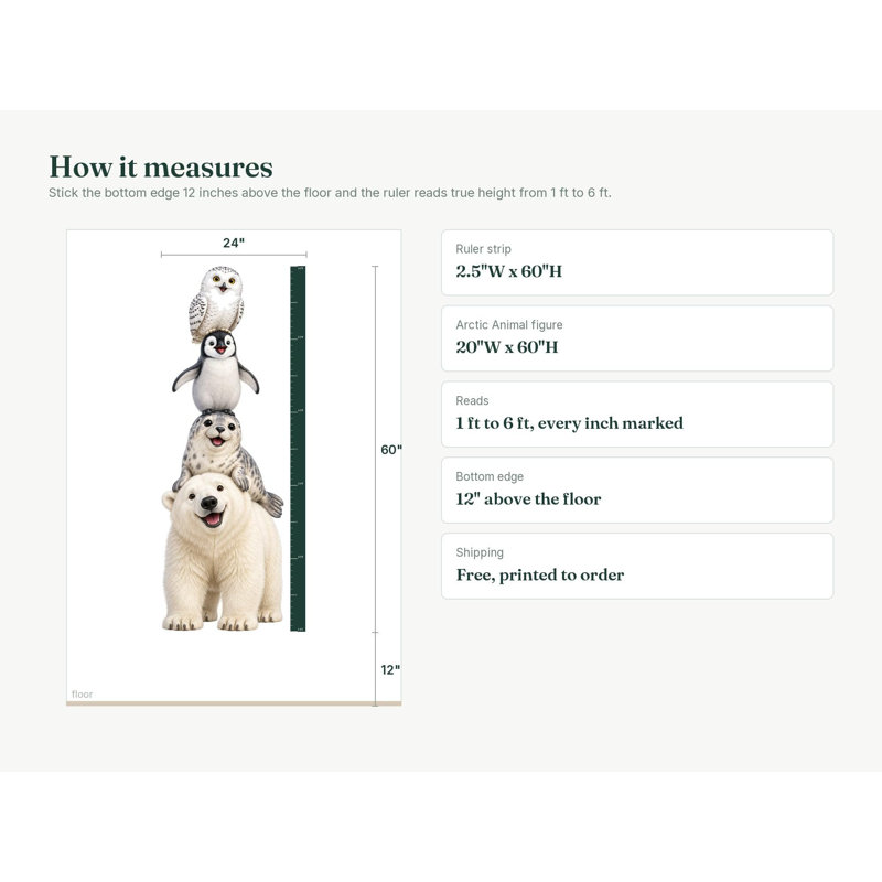 Arctic Animal Growth Chart Wall Decal, Polar Bear Penguin Seal and Snowy Owl Height Ruler, Peel and Stick Matte Vinyl for Nursery and Kids Room, Growth chart 60"H, measures 1 ft to 6 ft
