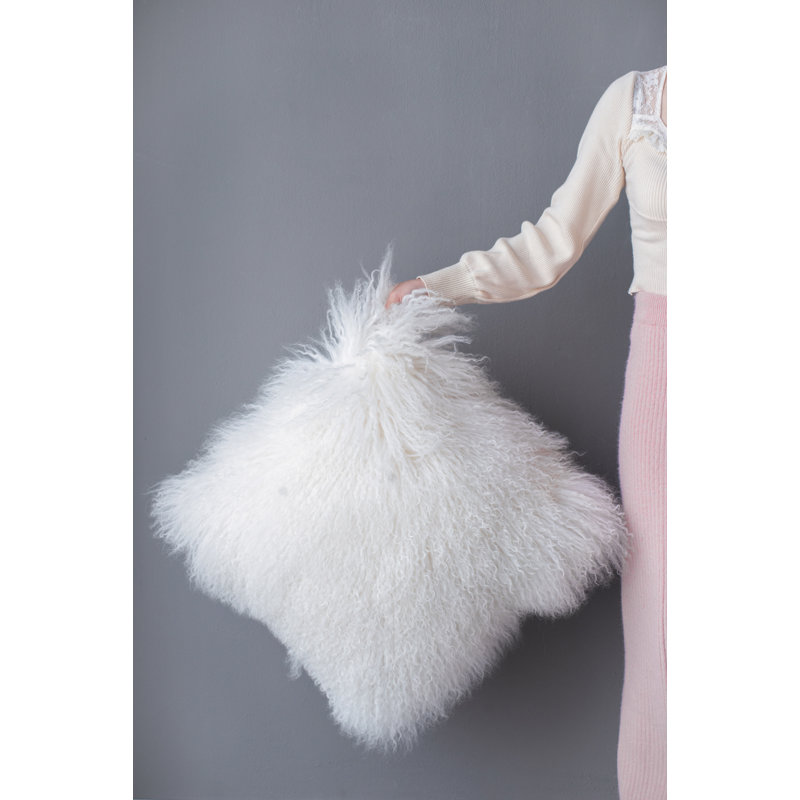 White Mongolian Lamb Fur 20-Inch Square Pillow with Faux Suede Back