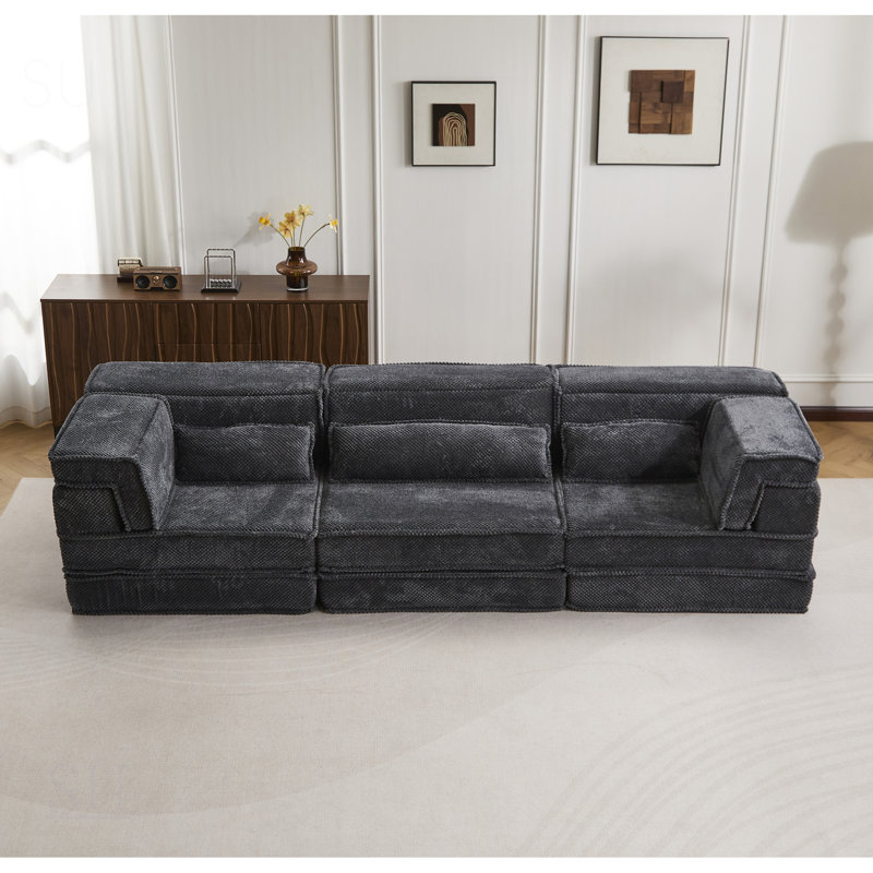 Compression Mahjong Sofa, Convertible Floor Sofa Bed, DIY Boneless Modular Sectional, No Assembly, Circle Fleece Fabric, Oversized 3 Seater With 3 Pillows