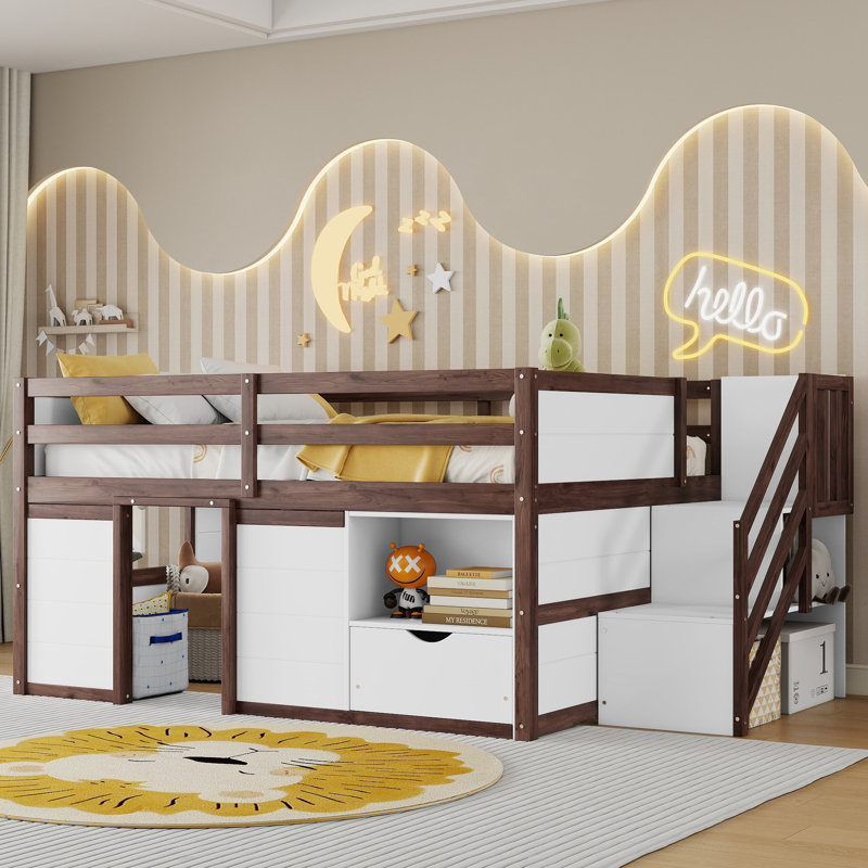 Lit de rangement pleine hauteur en bois, escalier moderne à DEL pour chambre d'enfant