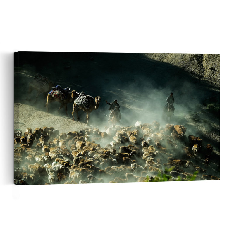 «Dusty Mountain Herders», art contemporain mural, paysage abstrait, H 12 po x l 18 po