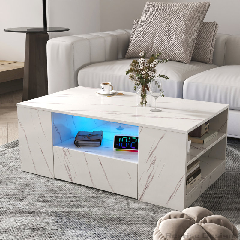 Table basse à DEL 14,57 po avec 2 tiroirs et tablette latérale ouverte, Blanc