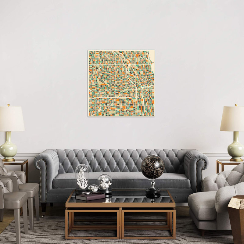 Abstract City Map Of Chicago by Jazzberry Blue - No Frame Print on Canvas, White Framed Canvas, 93.98 cm H x 93.98 cm W