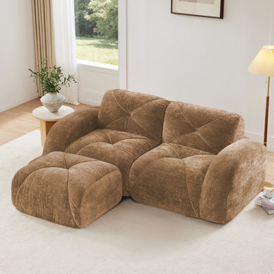 Canapé en L sans os avec velours doux, conception capitonnée, éponge haute densité 32D, aucun assemblage requis, repose-pieds mobile, chameau