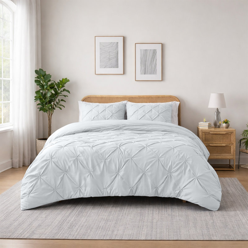 Microfiber Pintuck Duvet Cover Set – 2 Pillowcases, White, King Duvet Cover + 2 Standard Pillowcases