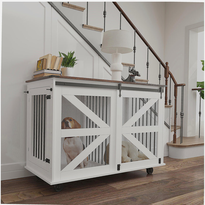Caisse mobile pour chien 47,2 po avec porte à rabattement, système d'accès double et 5 roulettes (2 verrouillables), crochets latéraux - chenil multifonctionnel pour animaux de compagnie, double cage pour chien