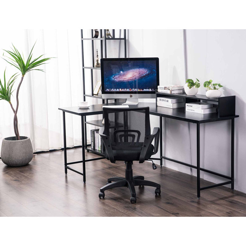 L-Shape Corner Writing Desk with with Monitor Stand, Black
