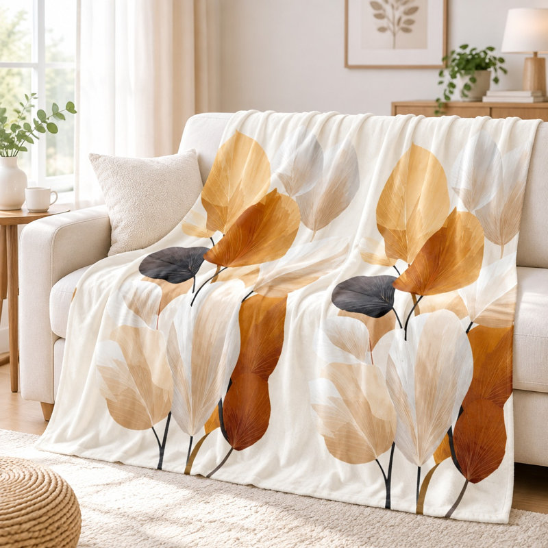 Plaid douillet en flanelle - Motif de feuilles abstraites, tons chauds, ultra doux, léger, respirant, confortable toutes saisons, agréable au toucher, lavable à la machine, élément décoratif pour canapé, fauteuil, salon et chambre
