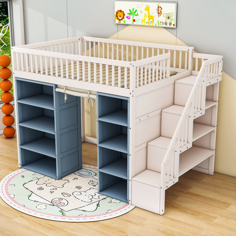 Lit mezzanine double avec escalier, armoires de rangement et rideau Kalirose