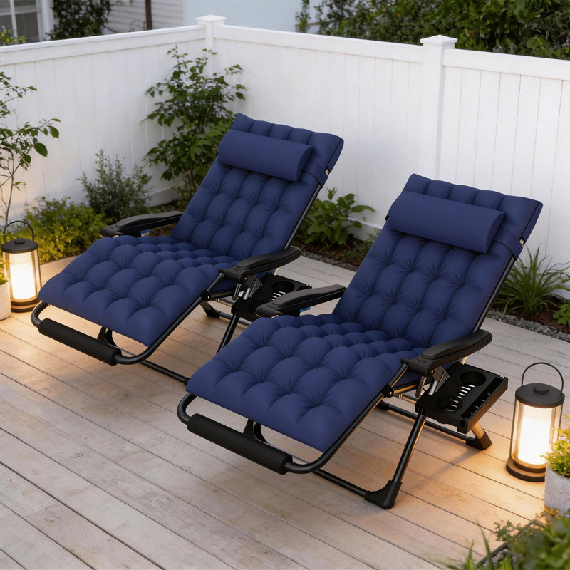 Oversized 33” Xxl Zero Gravity Chair 2Pcs Set, 500 Lbs Heavy Duty Reclining Patio Lounge Chair With Aluminum Alloy Lock, Detachable Cushion, Pillow & Large Cup Holder, Foldable Outdoor Chair