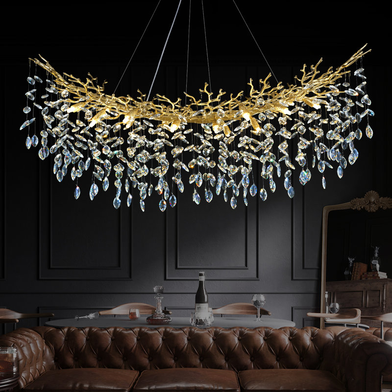 Abe 16-Light 55" Dimmable Tree Branches Crystal Linear Chandelier, Gold
