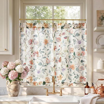 Rideaux de cuisine en lin à motif floral beige, 2 panneaux, à œillets, filtrant la lumière, style rustique.