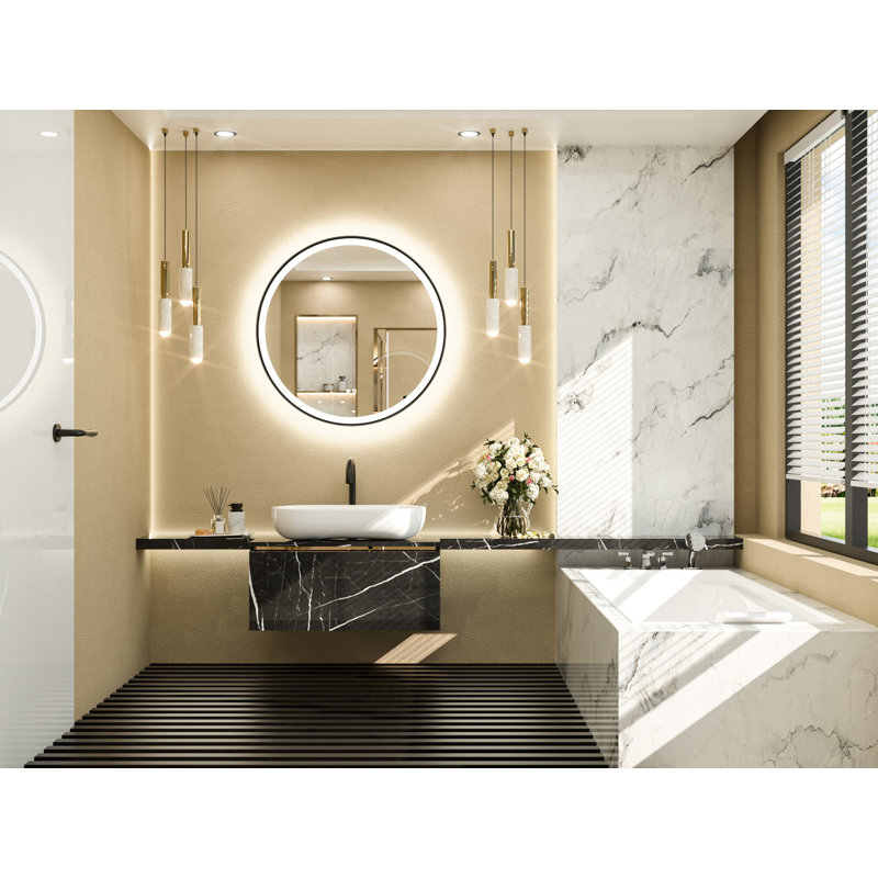 Round Framed Dimmable LED Anti-Fog With 3 Color Adjustment Bathroom Mirror Front&Backlit Vanity Mirror with Tempered Glass