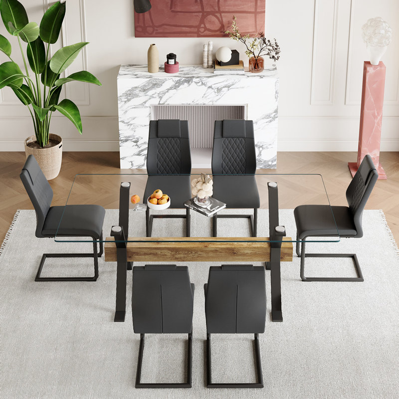 7-Piece Glass Top Dining Table Sets, Black, 122 cm H x 81 cm W