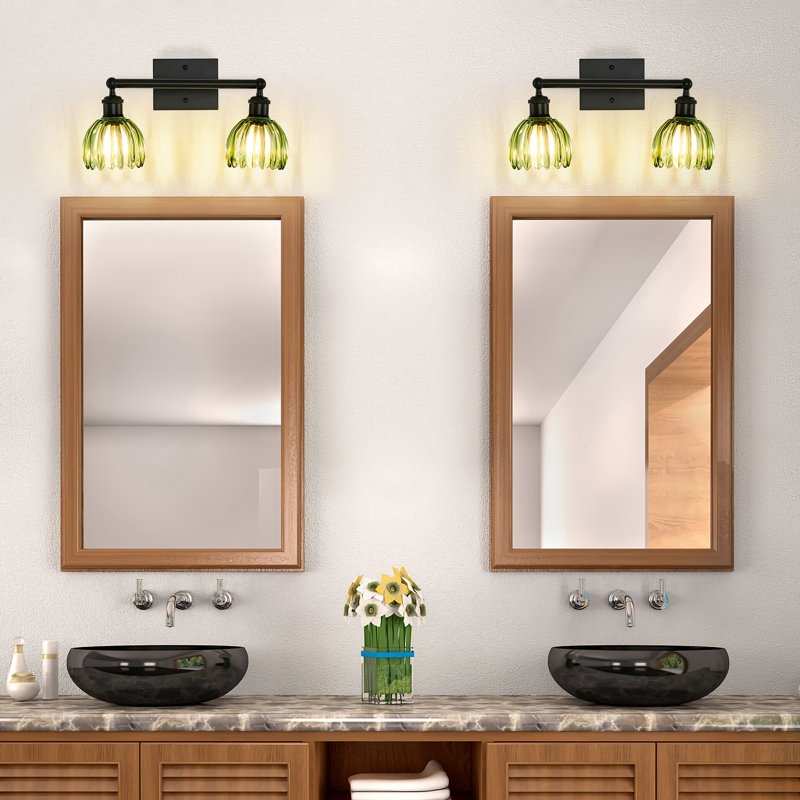 Applique murale de salle de bain 2 lumières en verre vert avec cadre en métal noir, Noir mat, Deux lumières
