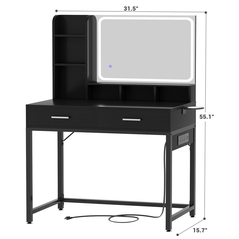Makeup Vanity Desk with Power Outlet, Mirror and Lights, Black