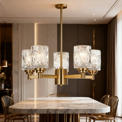 Lustre de style campagne moderne de 20 pouces avec finition en laiton brossé et abat-jour en verre texturé pour la salle à manger, la cuisine, la chambre à coucher et l'éclairage de bureau à domicile