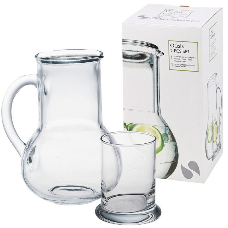 Jaidyn 1L Clear Glass Jug Pitcher & 230ml Water Juice Drinking Tumbler Lid Stopper Set