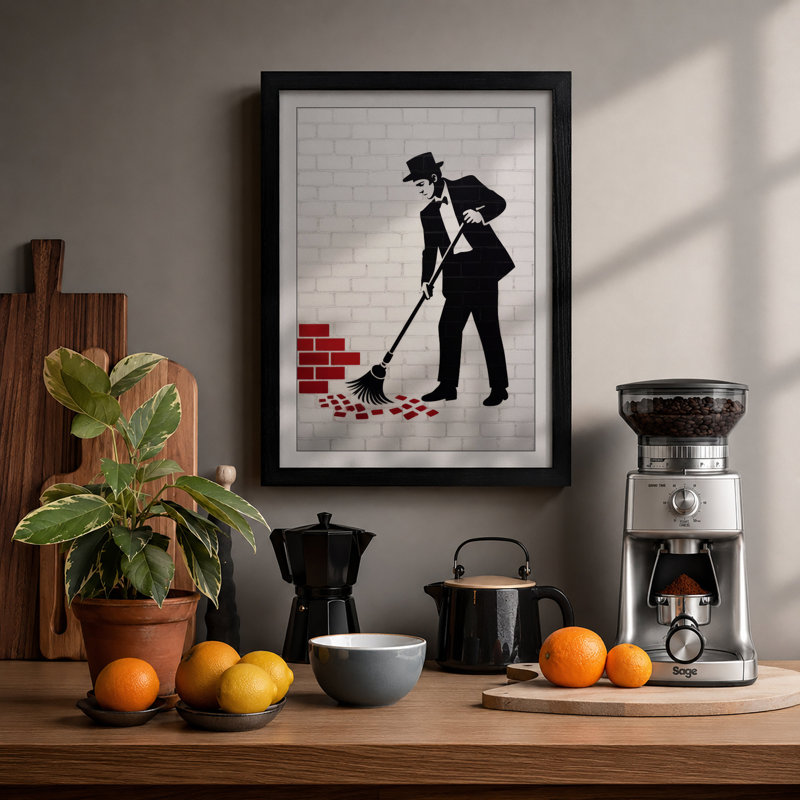 Gentleman Sweeping Urban Art - Framed Print, Black, A3 - 42.0 x 29.7 cm