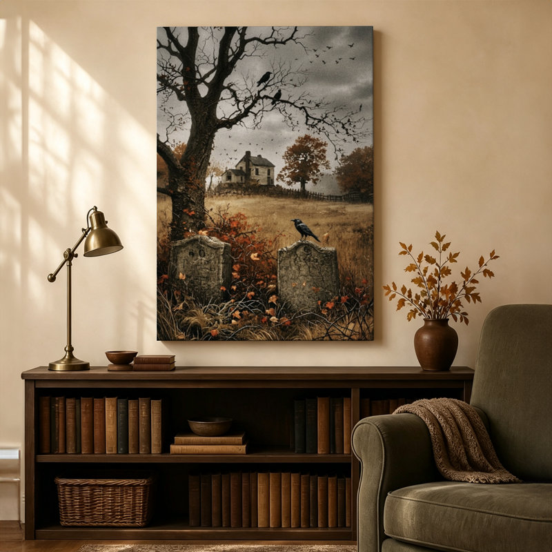 " Crows Perched On Tombstones Beside A Bare Tree "