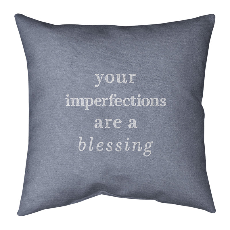 Coussin inspirant de citation inspirée des imperfections à la main, 18 po x 18 po, Bleu / Blanc
