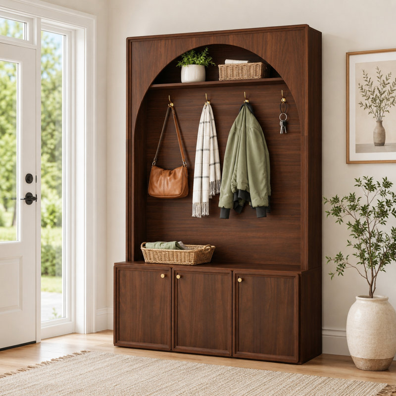 Entryway Hall Tree with Adjustable Shelves and Storage Bench, Brown