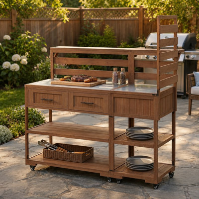 62" Outdoor Kitchen Island with Stainless Steel Top, Rolling BBQ Prep Table with 2 Drawers and Storage Shelf, Brown