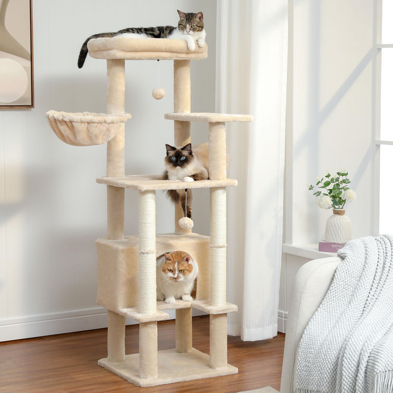 Grand arbre à chat avec appartement confortable, poteau à griffer et perchoir à sommet large, Beige