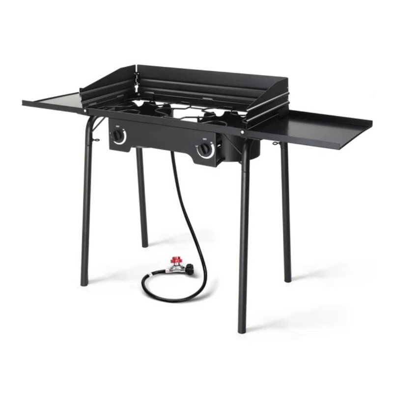 Poêle d'extérieur au propane à 2 brûleurs avec pare-brise et tablettes
