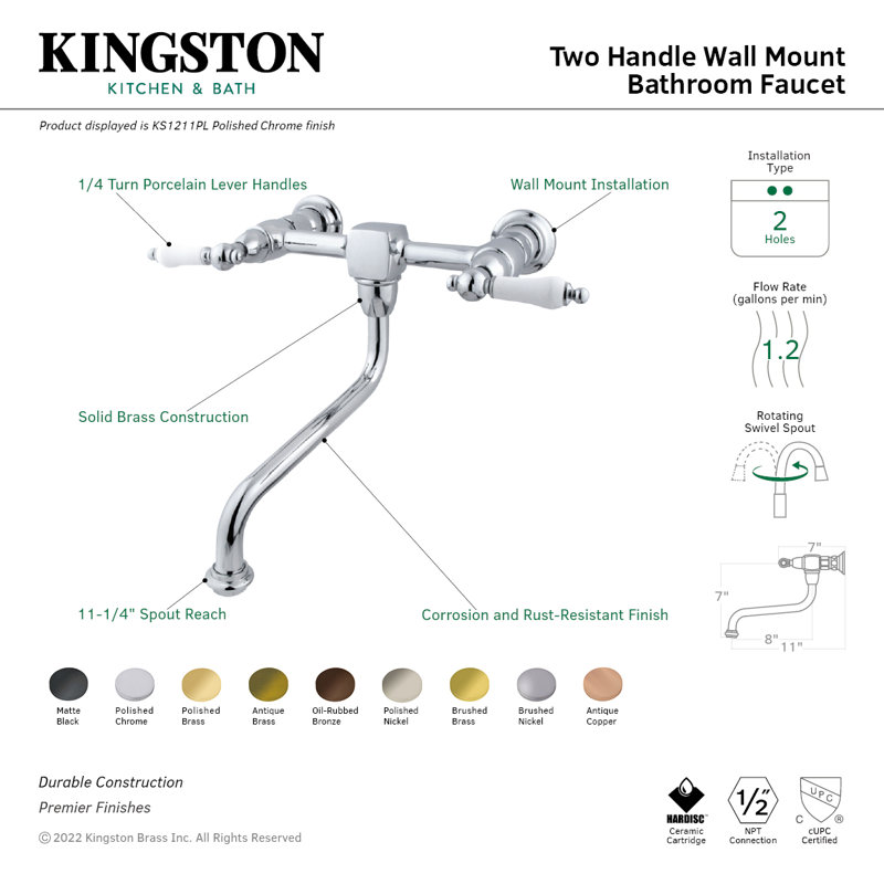 Kingston Brass Heritage Two-Handle 2-Hole Wall Mount Bathroom Faucet, Brushed Nickel/White
